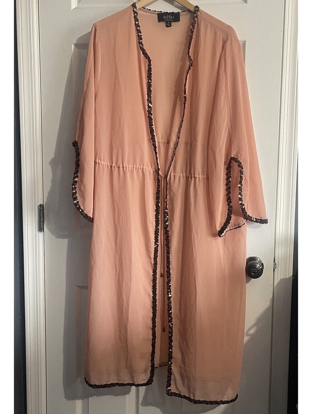 DASH Kardashian 1X Sheer Chiffon Sequin Trim Duster Kimono Apricot Peach Pink